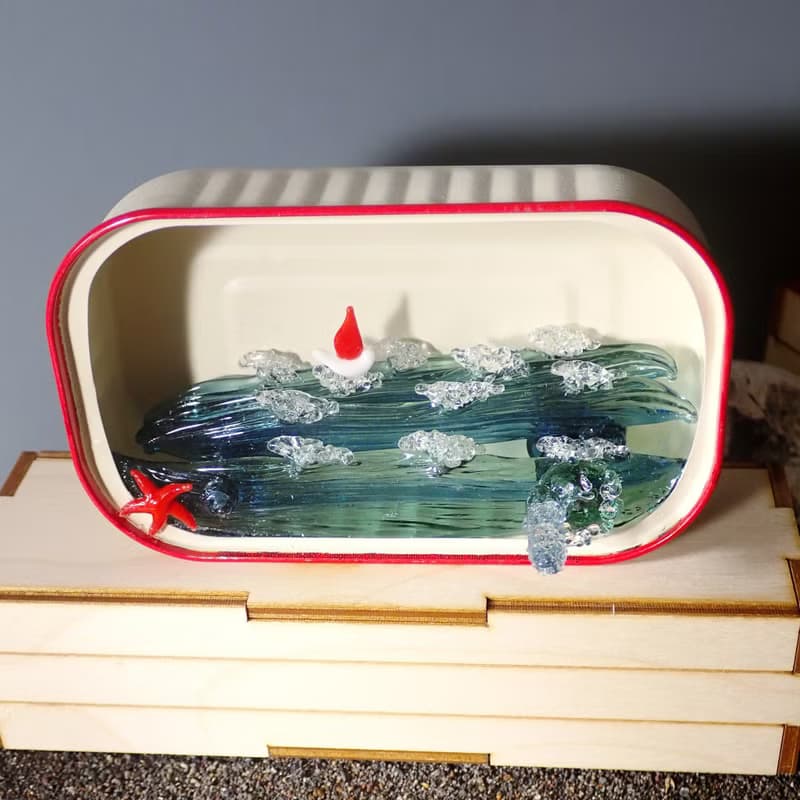 3D Kinetic Art Blown Glass Sculpture with Ocean and Sailboat in Sardin Tin Can