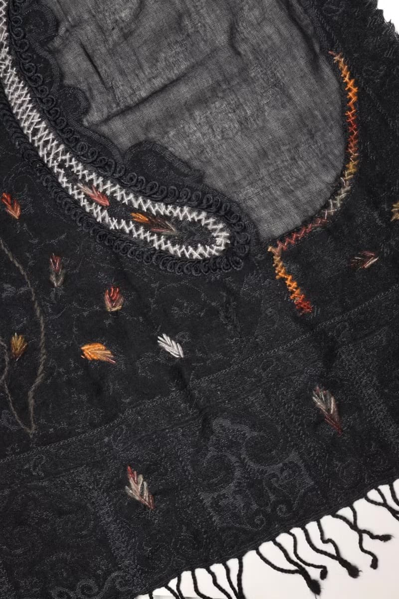 【畢業禮物】喀什米爾水煮羊毛手工刺繡圍巾披肩純黑色拼薄紗毛