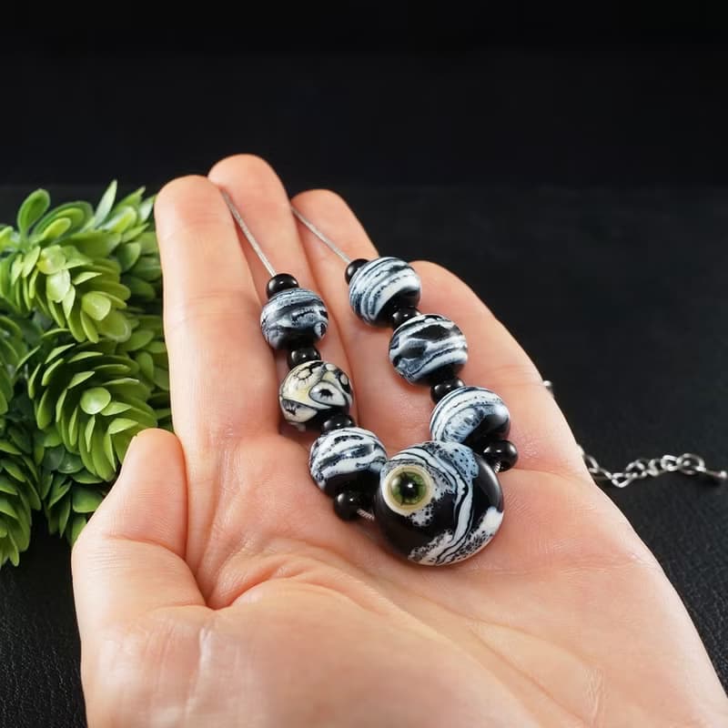 Black and White Lampwork Murano Glass Evil Eye Green Cat Eye Necklace Jewelry