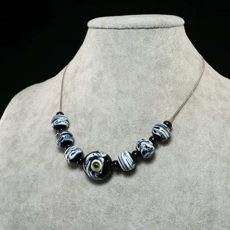 Black and White Lampwork Murano Glass Evil Eye Green Cat Eye Necklace Jewelry