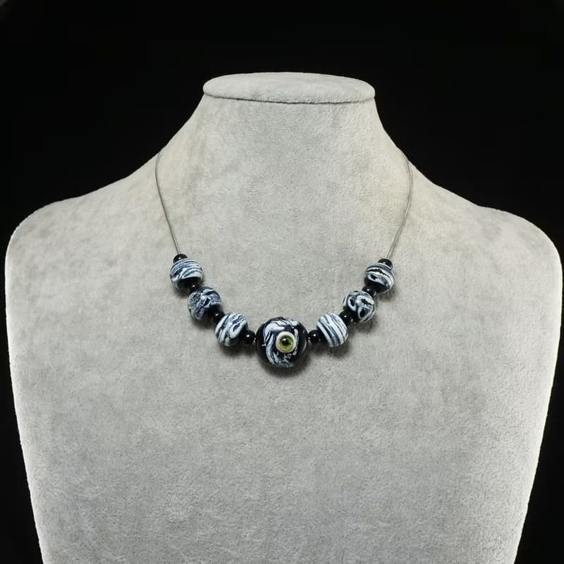 Black and White Lampwork Murano Glass Evil Eye Green Cat Eye Necklace Jewelry