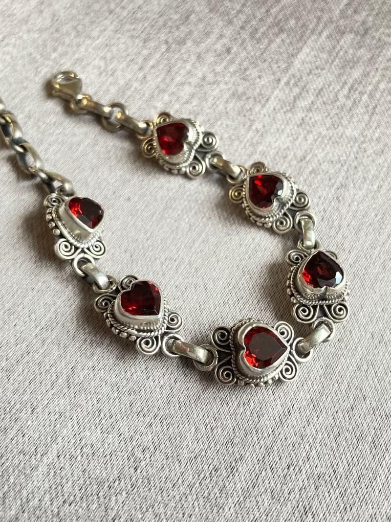 天然 心型 石榴石 手鍊 尼泊爾 手工製 925純銀