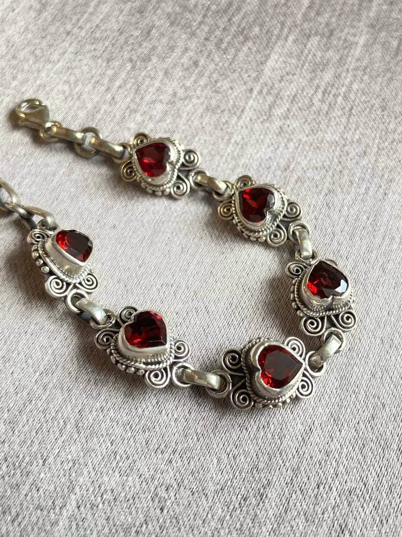 天然 心型 石榴石 手鍊 尼泊爾 手工製 925純銀