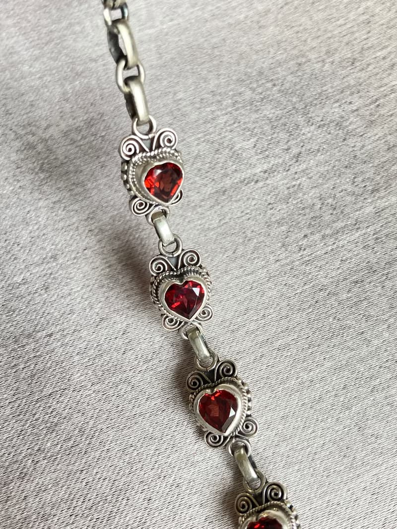 天然 心型 石榴石 手鍊 尼泊爾 手工製 925純銀