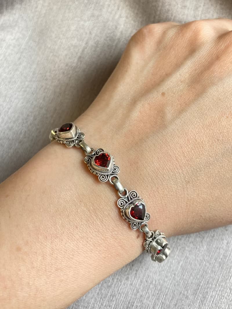 天然 心型 石榴石 手鍊 尼泊爾 手工製 925純銀