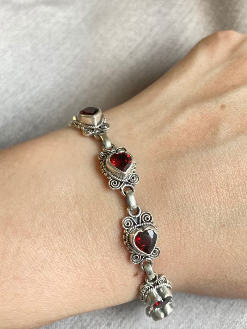 天然 心型 石榴石 手鍊 尼泊爾 手工製 925純銀