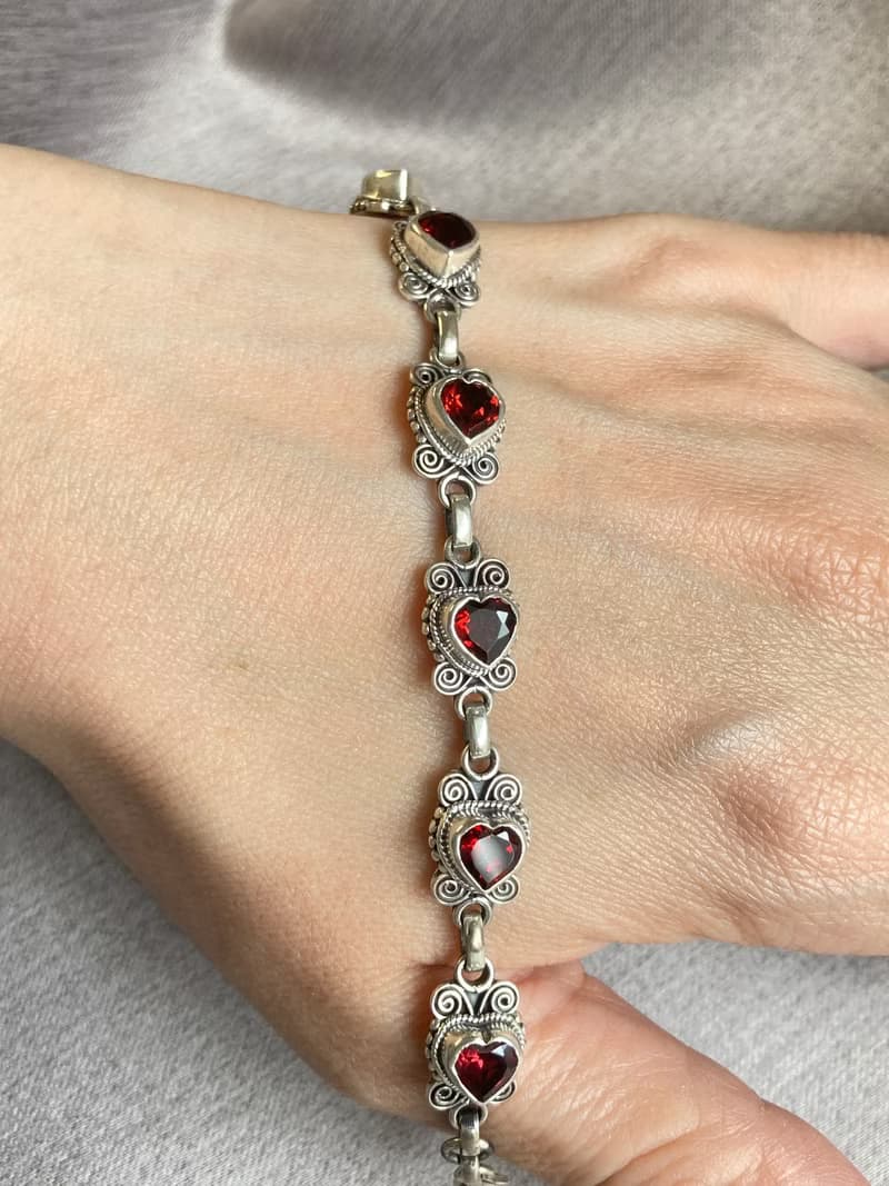 天然 心型 石榴石 手鍊 尼泊爾 手工製 925純銀
