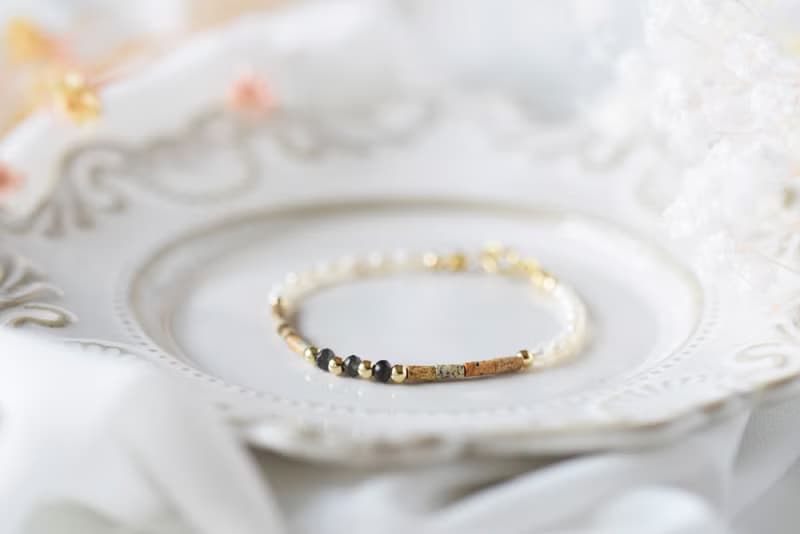 柔韌。茶晶 圖畫石 淡水珍珠 14K包金 天然石 手鍊