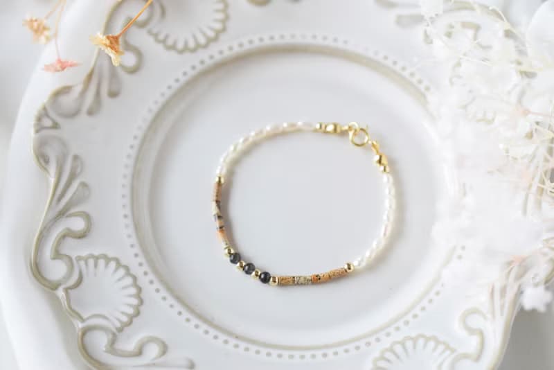 柔韌。茶晶 圖畫石 淡水珍珠 14K包金 天然石 手鍊