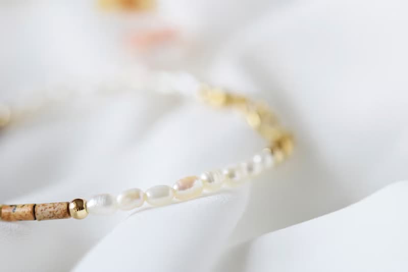 柔韌。茶晶 圖畫石 淡水珍珠 14K包金 天然石 手鍊