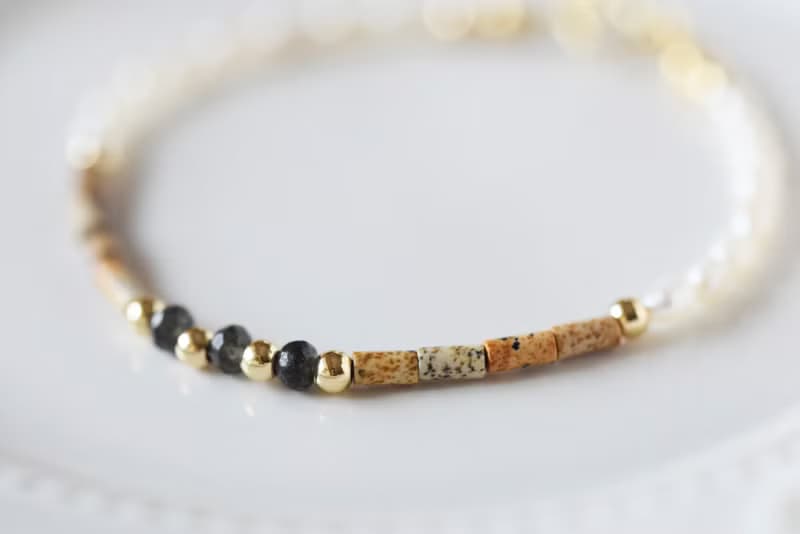 柔韌。茶晶 圖畫石 淡水珍珠 14K包金 天然石 手鍊