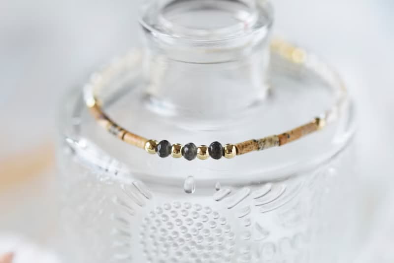 柔韌。茶晶 圖畫石 淡水珍珠 14K包金 天然石 手鍊