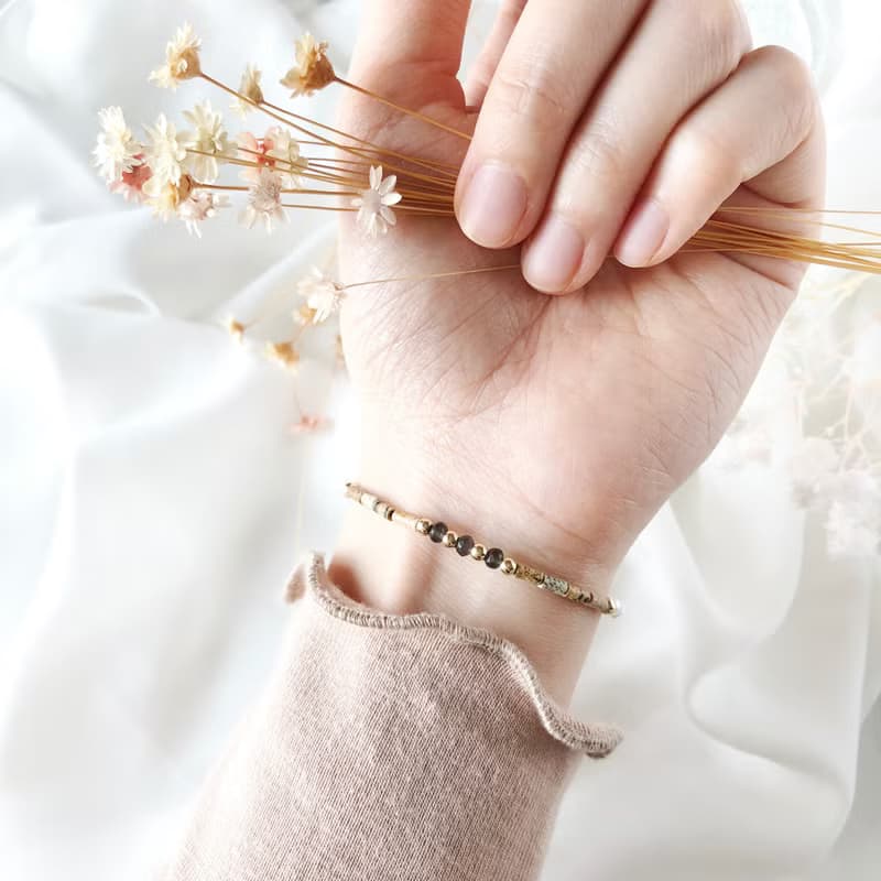 柔韌。茶晶 圖畫石 淡水珍珠 14K包金 天然石 手鍊