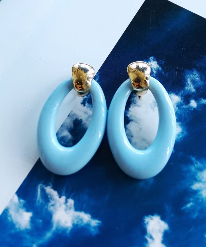 Vintage Jewelry 西洋古董飾品 普普 淺藍 簡約橢圓環圈 夾式耳環