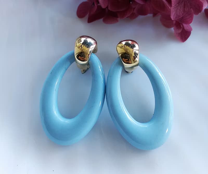 Vintage Jewelry 西洋古董飾品 普普 淺藍 簡約橢圓環圈 夾式耳環