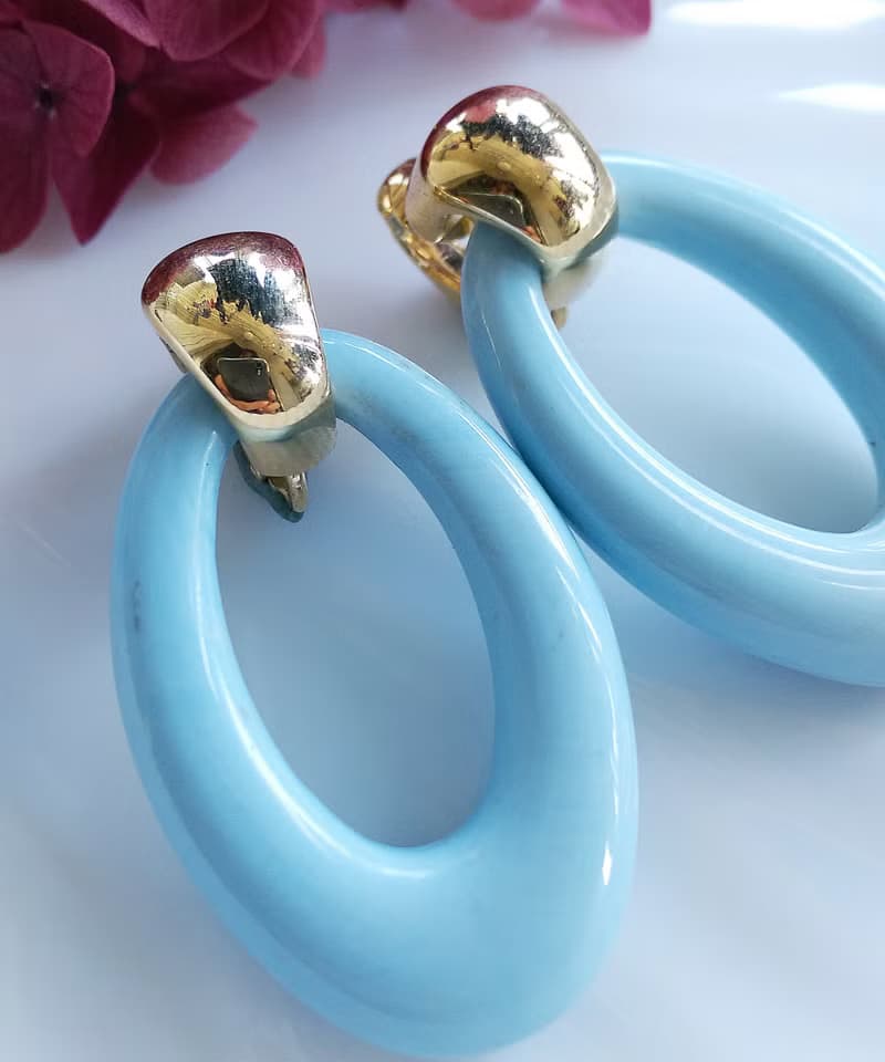 Vintage Jewelry 西洋古董飾品 普普 淺藍 簡約橢圓環圈 夾式耳環