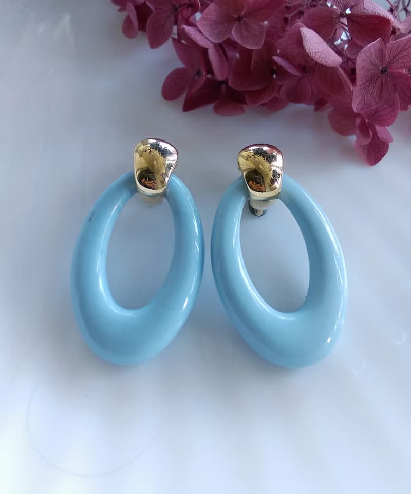 Vintage Jewelry 西洋古董飾品 普普 淺藍 簡約橢圓環圈 夾式耳環