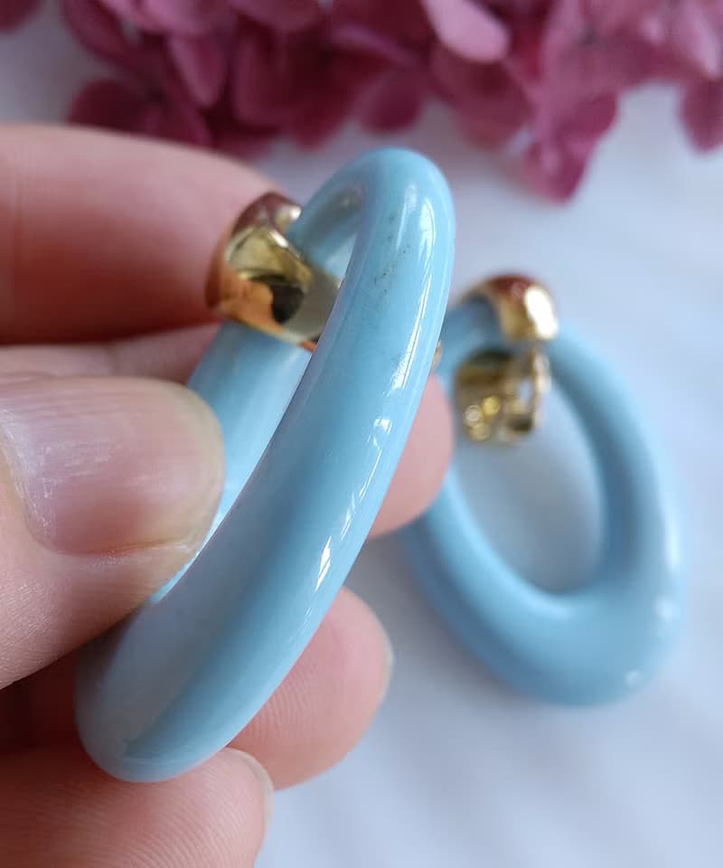 Vintage Jewelry 西洋古董飾品 普普 淺藍 簡約橢圓環圈 夾式耳環
