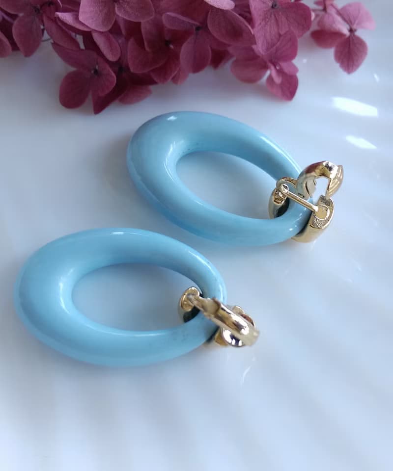 Vintage Jewelry 西洋古董飾品 普普 淺藍 簡約橢圓環圈 夾式耳環