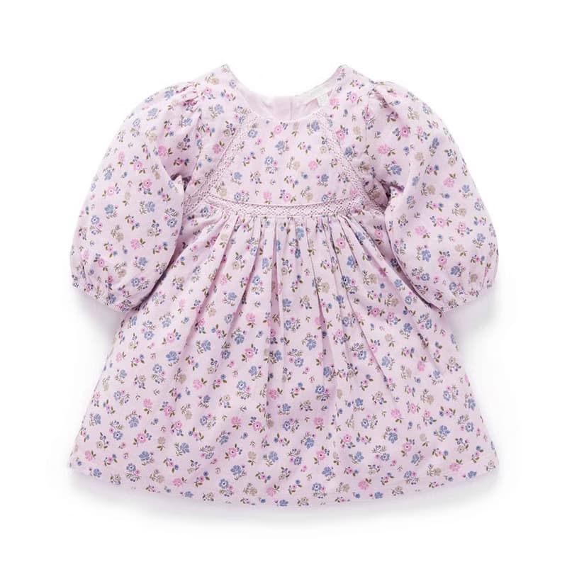 澳洲Purebaby有機棉女童長袖洋裝/童裝裙 12M-5T 粉紫碎花