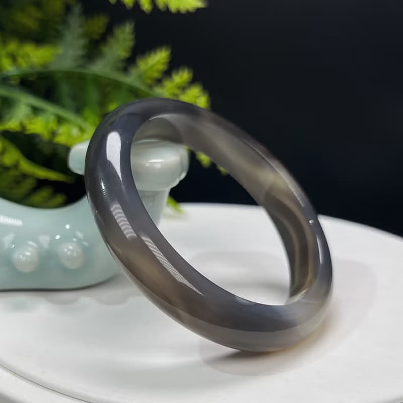 精品 深灰色瑪瑙手镯 52MM 冰潤天眼水墨畫風 玉髓手環 脈輪共鳴