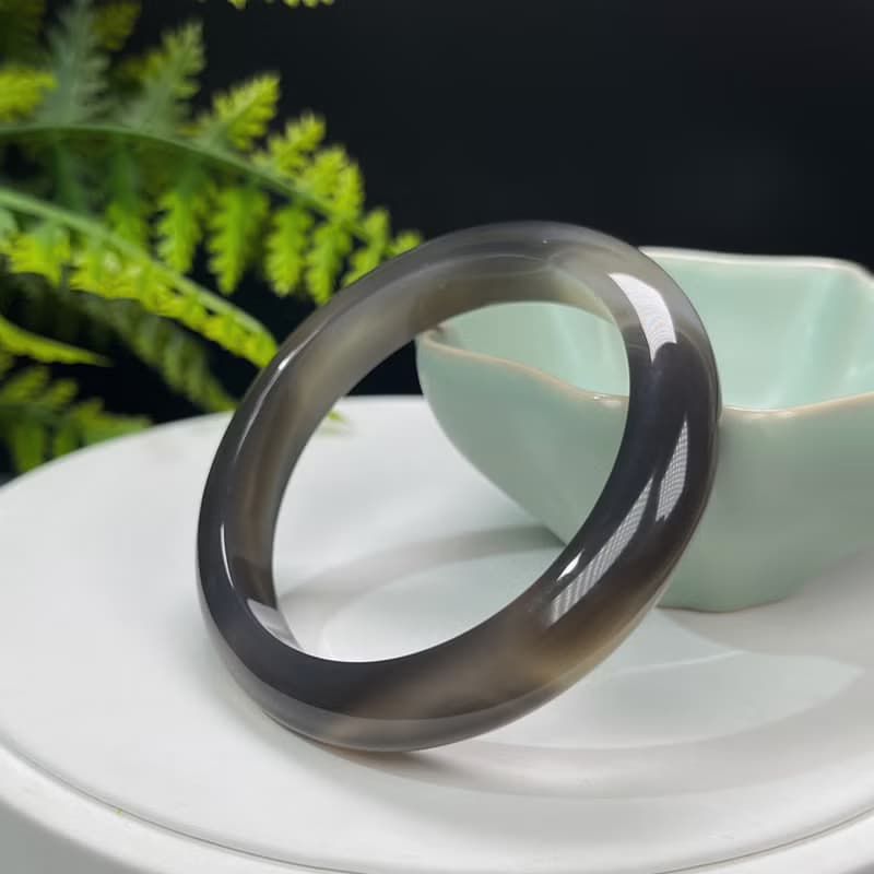 精品 深灰色瑪瑙手镯 52MM 冰潤天眼水墨畫風 玉髓手環 脈輪共鳴