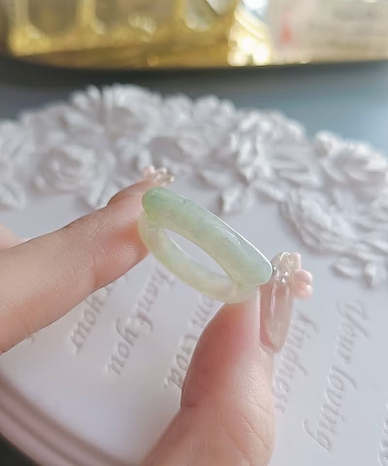 福利品•特色•招財|冰糖雪梨飄花馬鞍戒圈|緬甸A貨翡翠戒指#11.5