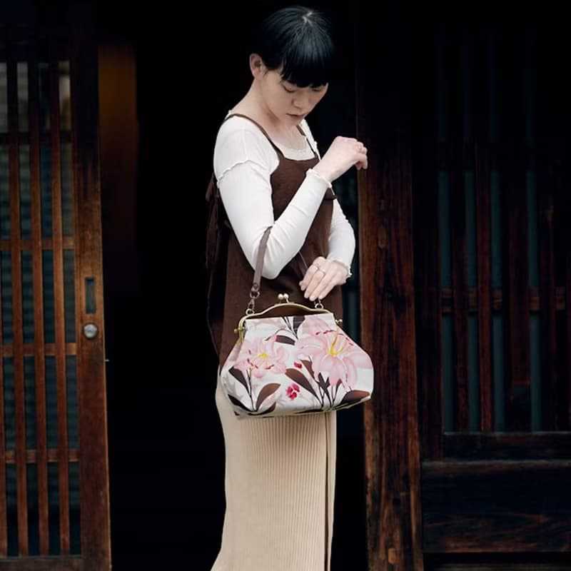 横長ベンリーがま口バッグ ゆりあざみ Lily Thistle ハンドバッグ Frame Bag 牛革ハンドル付 日本製