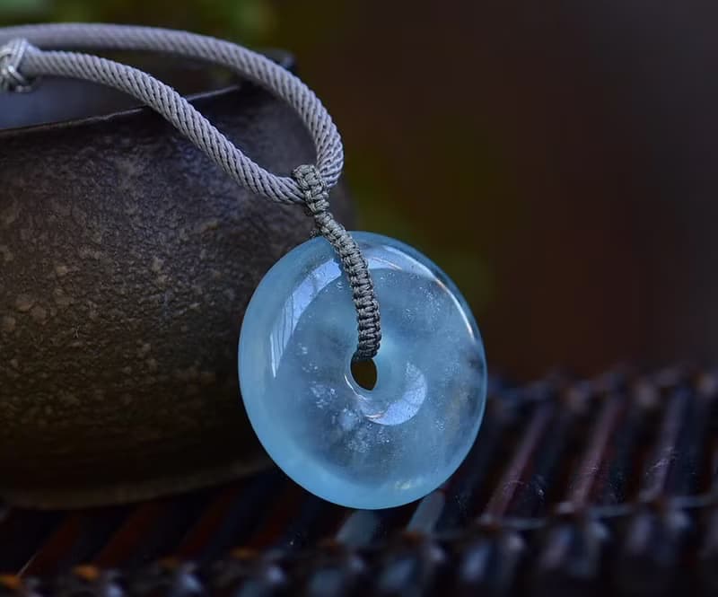 純天然海藍寶水晶手工打磨平安扣 冰藍色 進口繩編織 美女必備