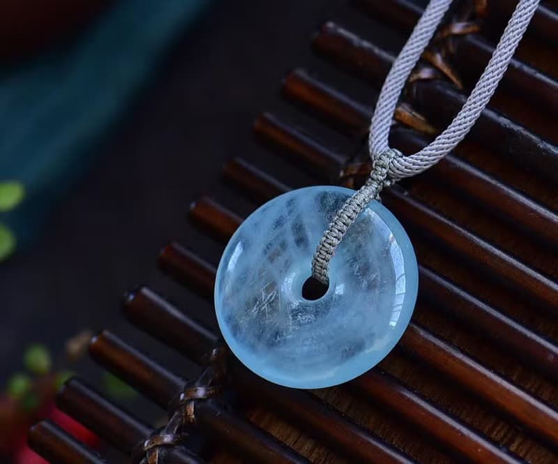 純天然海藍寶水晶手工打磨平安扣 冰藍色 進口繩編織 美女必備