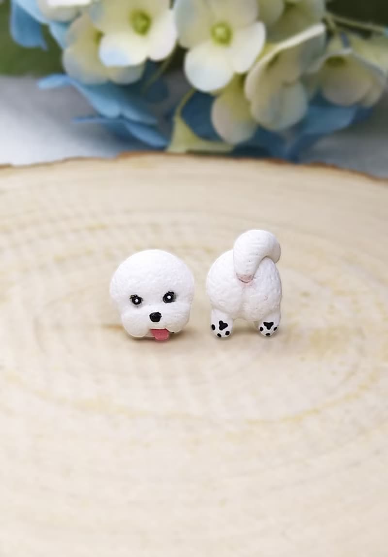 全手作 白色 比熊犬 耳環 耳釘/耳夾