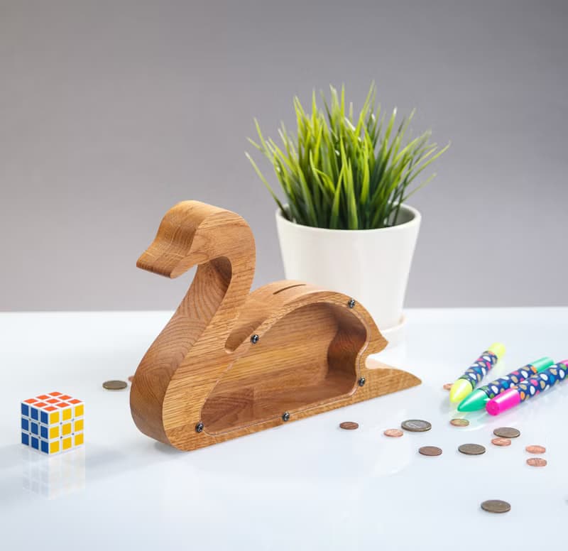 Wood piggy bank SWAN Adult coin bank Daughter gift from mom Modern tip jar