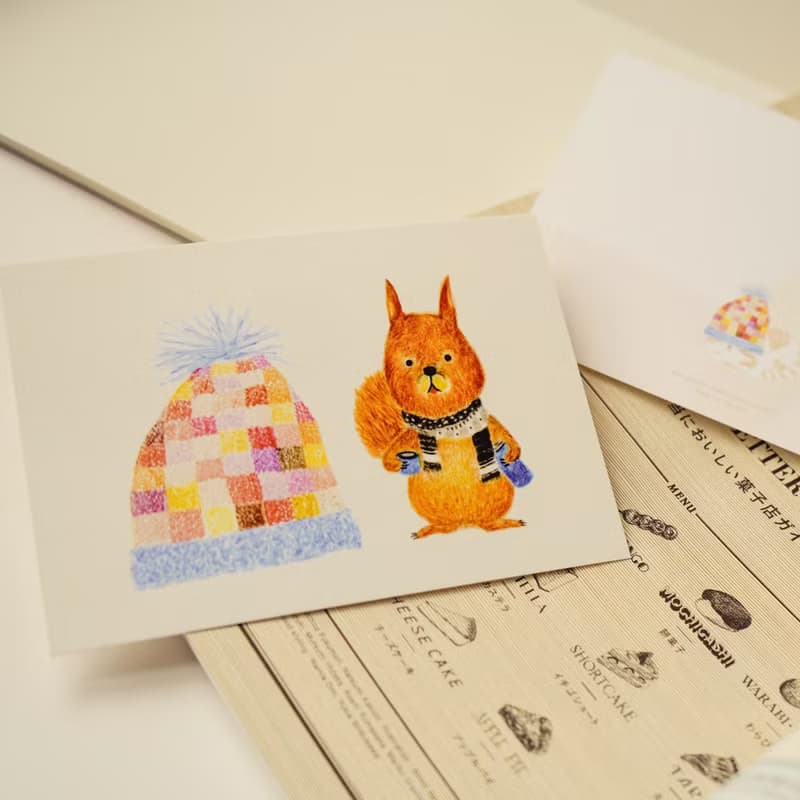 明信片 松鼠與貓咪的毛線帽