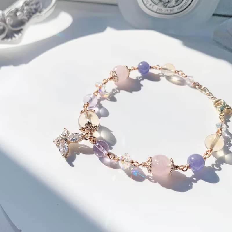 黃水晶 紫水晶 粉晶 坦桑石 14k包金 手工繞線 天然水晶手鍊