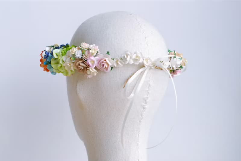 Paper Flower, flora crown, circle diameter 20 cm., adjustment on the back. Grey, mint, deep blue, peach ,dry brown, green and ivory color