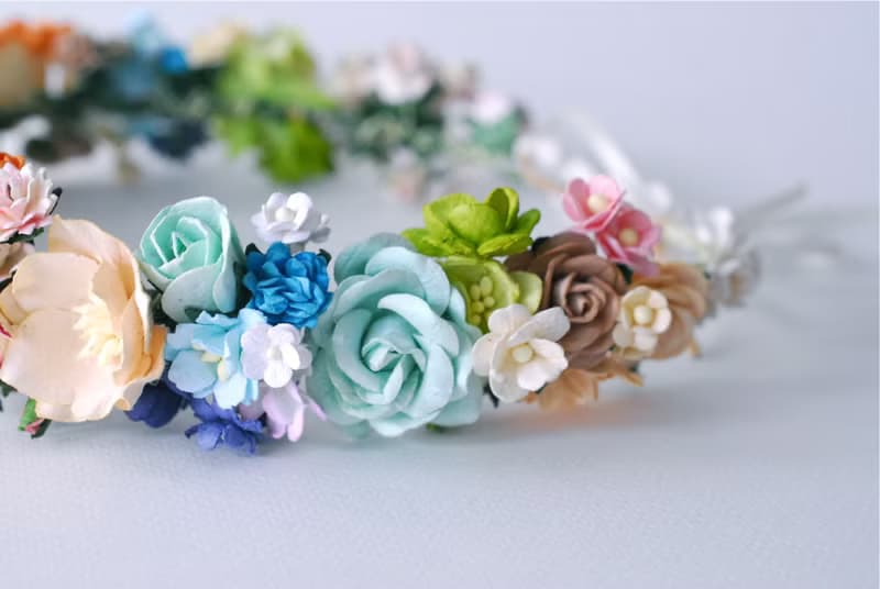 Paper Flower, flora crown, circle diameter 20 cm., adjustment on the back. Grey, mint, deep blue, peach ,dry brown, green and ivory color