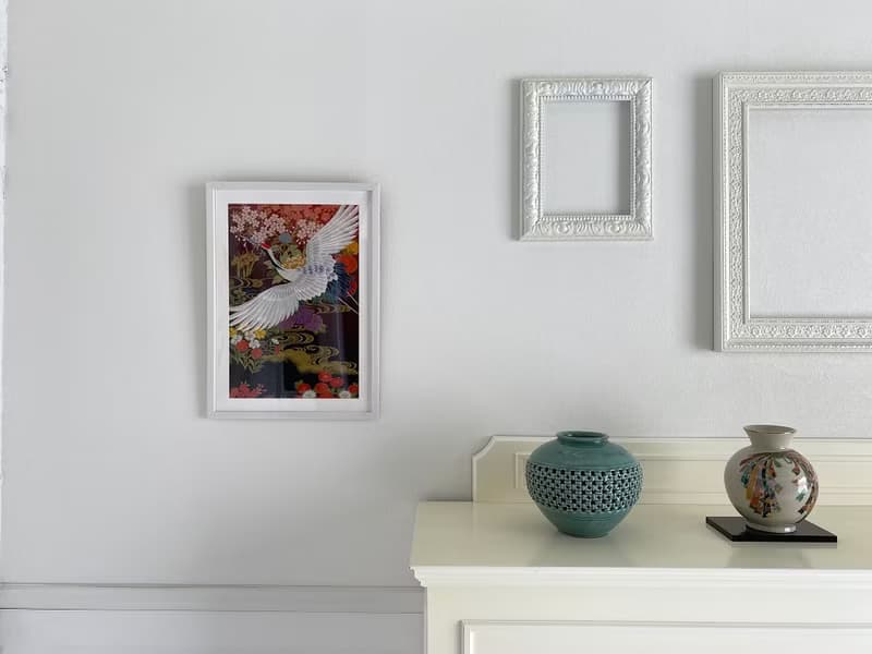 額装97　刺繍着物 鶴 和モダン 和風インテリア プレゼント 結婚祝 新築祝 長寿祝 縁起物 額装インテリア made in japan