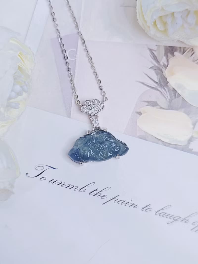 收藏|星空藍花|A貨翡翠冰星空藍蓮花純銀鍍18k祥雲款項鍊