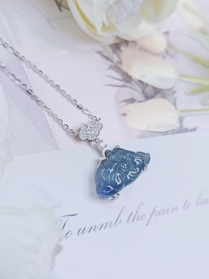 收藏|星空藍花|A貨翡翠冰星空藍蓮花純銀鍍18k祥雲款項鍊