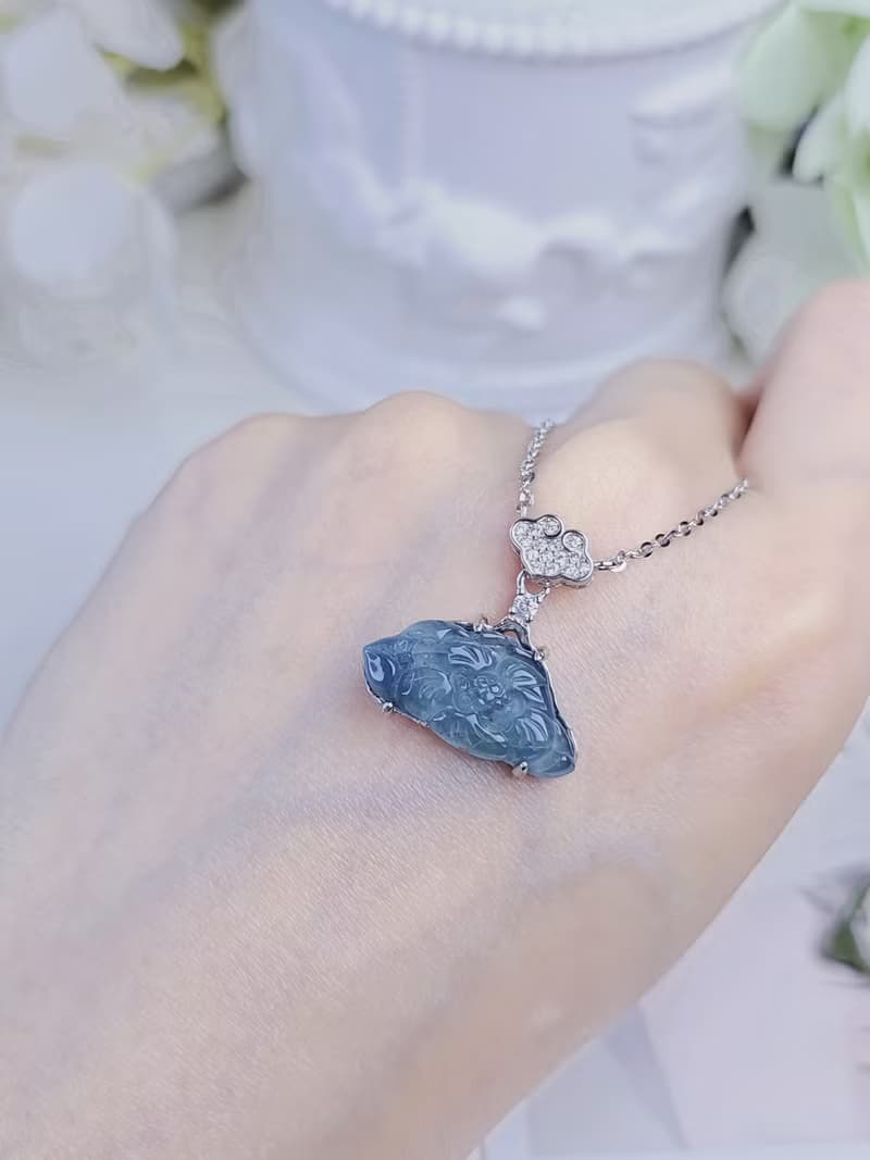 收藏|星空藍花|A貨翡翠冰星空藍蓮花純銀鍍18k祥雲款項鍊