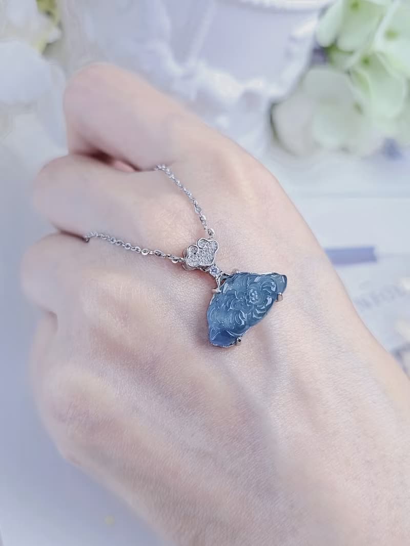 收藏|星空藍花|A貨翡翠冰星空藍蓮花純銀鍍18k祥雲款項鍊