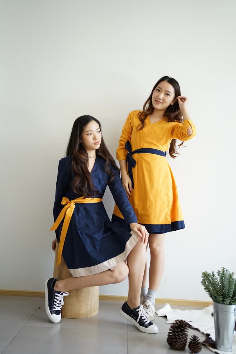 撞色牛津棉長袖綁帶洋裝 _ LOOKIN : 黃色