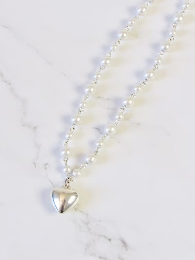 Vintage Silver Puffy Heart Pearl Necklace