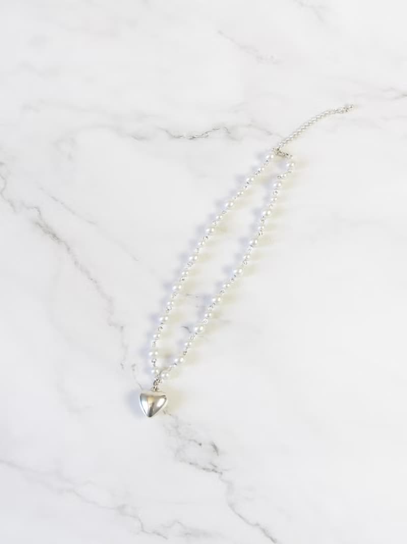 Vintage Silver Puffy Heart Pearl Necklace