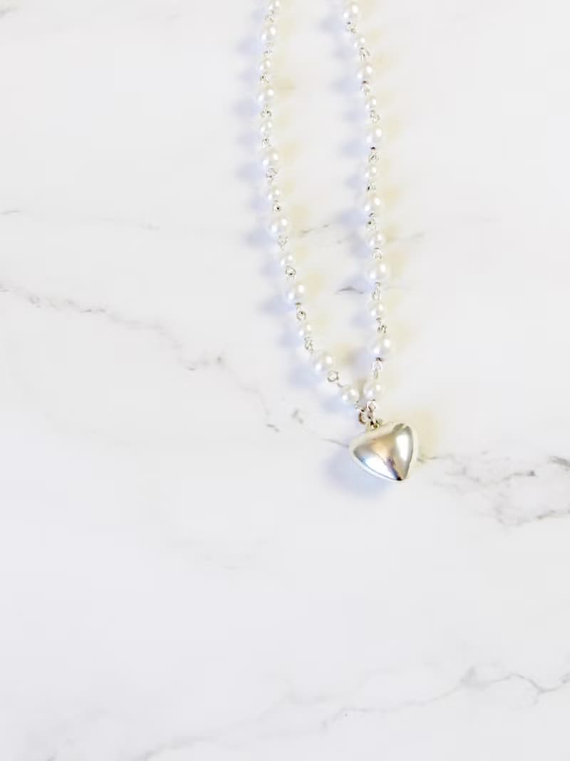 Vintage Silver Puffy Heart Pearl Necklace