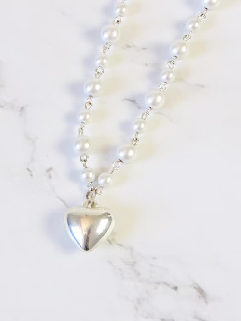 Vintage Silver Puffy Heart Pearl Necklace