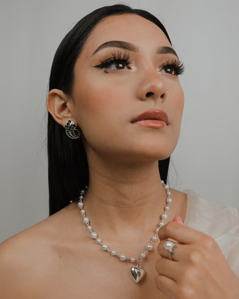 Vintage Silver Puffy Heart Pearl Necklace