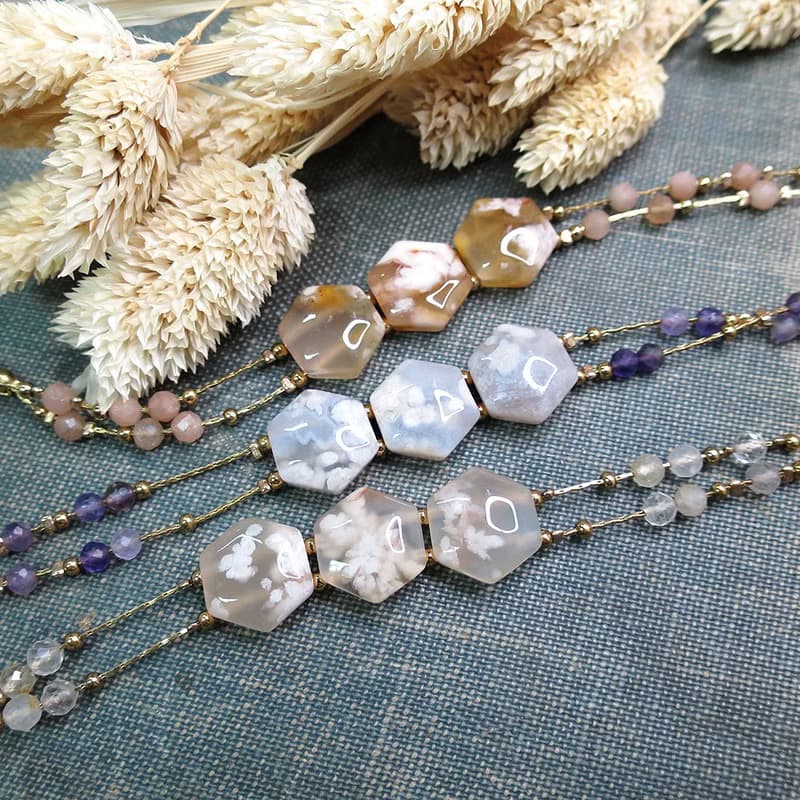 VIIART。小花園-紫芋。櫻花瑪瑙紫水晶古著金黃銅手鍊限量發售