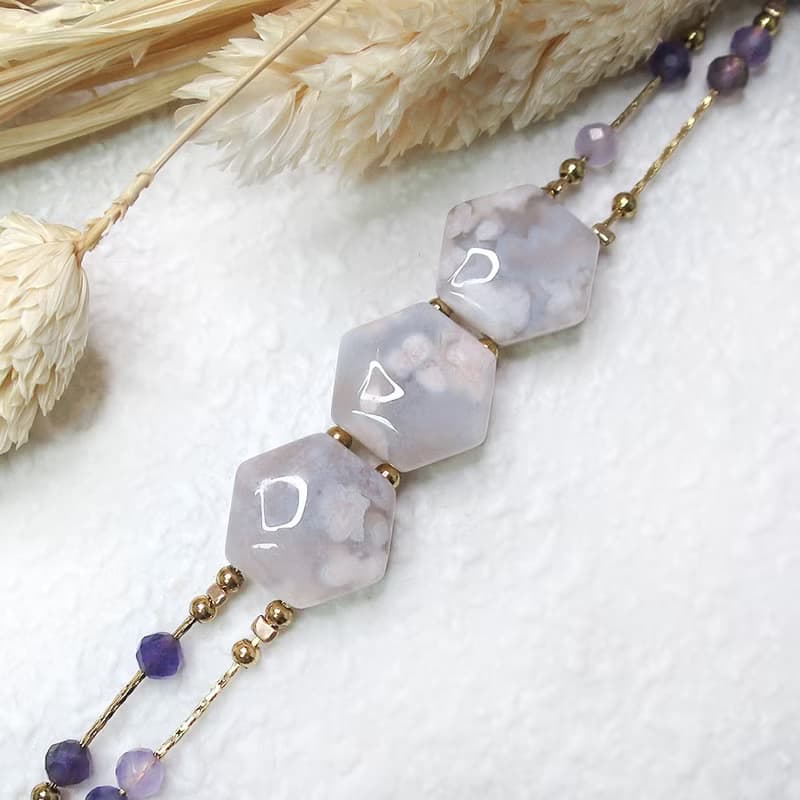 VIIART。小花園-紫芋。櫻花瑪瑙紫水晶古著金黃銅手鍊限量發售