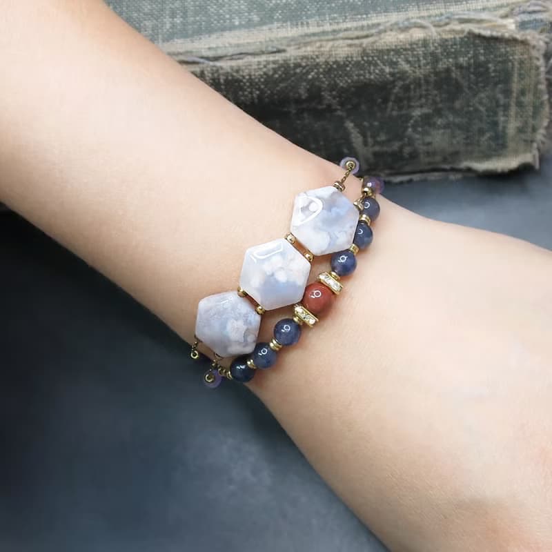 VIIART。小花園-紫芋。櫻花瑪瑙紫水晶古著金黃銅手鍊限量發售